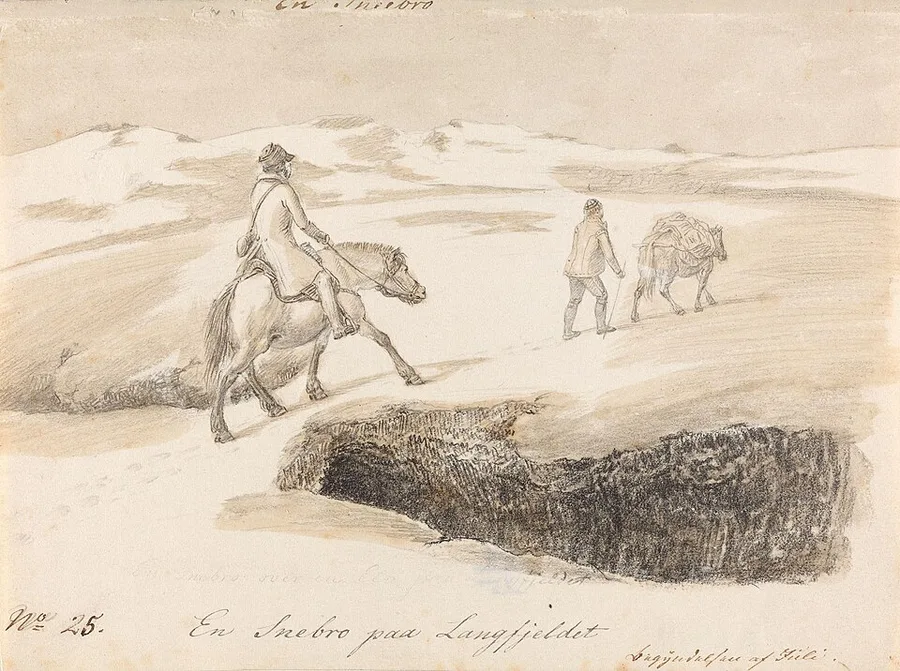 Pencil-and-wash travel sketch of a rider and a man leading a packhorse across a snow bridge over a dark ravine on a bare, treeless mountain plateau, hoofprints trailing in the snow; the sheet is inscribed 'En Snebro paa Langfjeldet.'