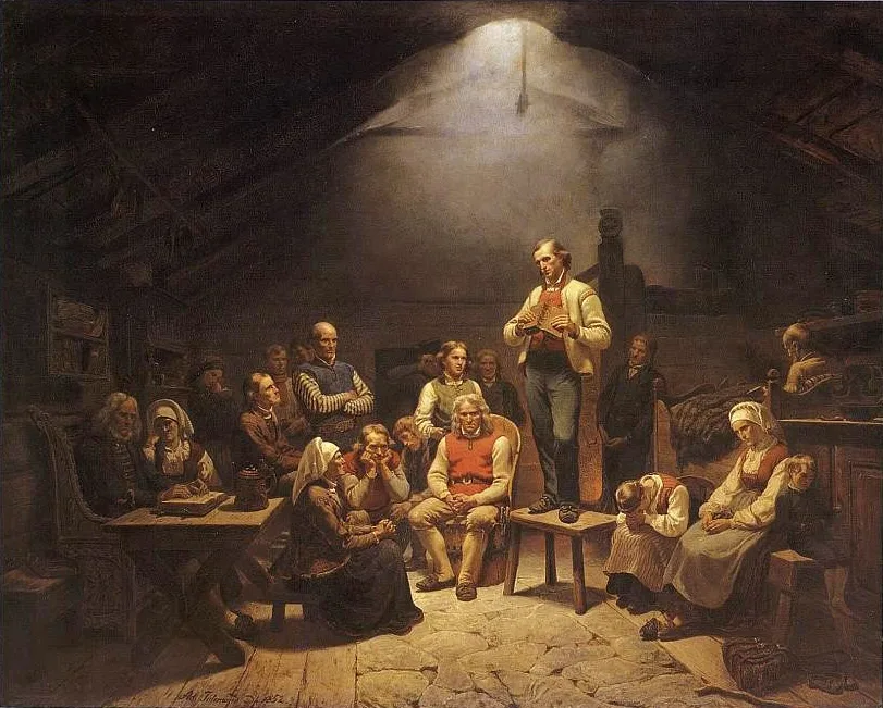 Tidemand's 1852 painting "Haugianerne": a lay preacher stands holding an open book beside a low bench in a dim farmhouse loft, addressing a rapt gathering of seated and standing farmers and their families.