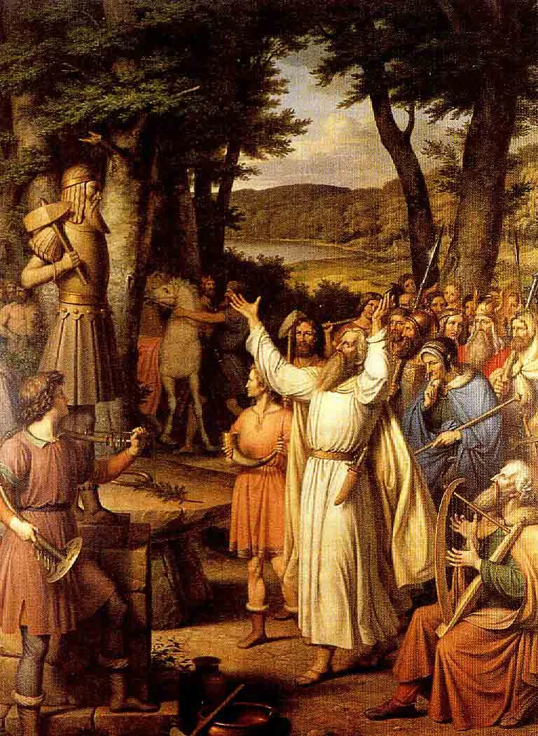 Early-1800s history painting of a forest sacrifice: a carved wooden idol of Thor with helmet and axe stands at left as a horse is led in, white-robed figures raise their arms before an altar, and armed onlookers and a seated harpist look on.