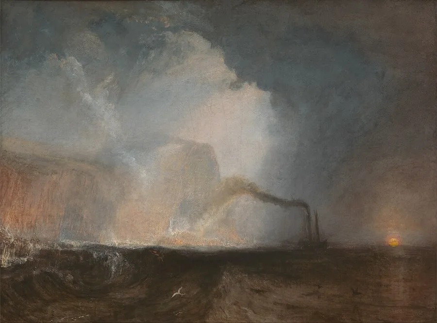 Turner's oil of Staffa: the island's dark basalt cliffs at left catch a shaft of silvery light amid storm cloud and spray, a paddle steamer trails smoke across the heaving swell, and a low red sun sits on the horizon at right.