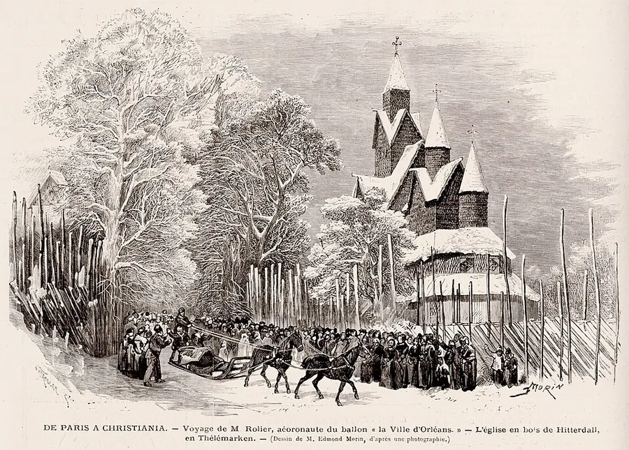 An 1873 wood engraving of a horse-drawn sledge and crowd on a snowy Telemark road, with Heddal Stave Church's tiered, dragon-finialed roofline rising behind bare winter trees, captioned in French for Le Monde illustré.