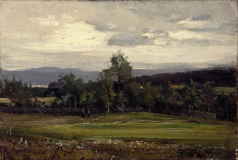 Gerhard Munthe's Fields at Hedmark in Summer — the broad, fertile farmland east of Lake Mjøsa under a rolling grey-lit sky, two figures small on the green.