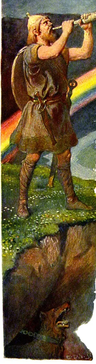 Emil Doepler's tall plate of Heimdall at the rainbow bridge (c. 1905) — the watchman on a flowered clifftop sounding the Gjallarhorn, shield slung on his back, Bifrost arcing behind him, and a chained beast howling in the dark at the cliff-foot far below.
