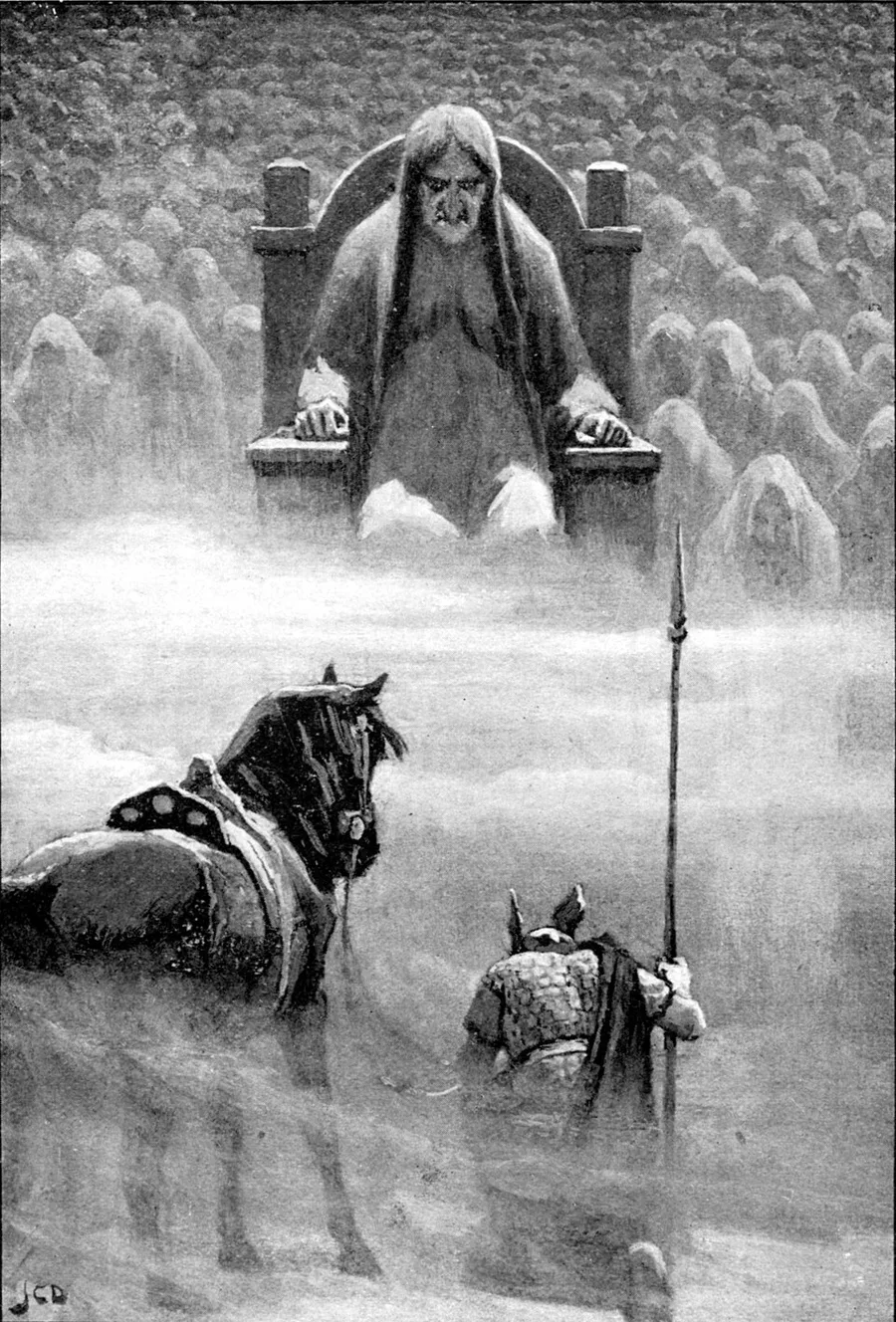 John Charles Dollman's 1909 Hermod before Hela — the messenger kneeling with his spear beside Sleipnir before the enthroned Hel, the hosts of the dead crowding the mist behind her.