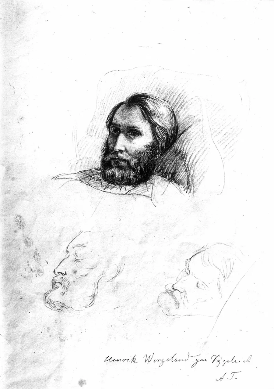 Graphite sketch of a bearded Henrik Wergeland reclining against a pillow with eyes open, plus two smaller profile-head studies below, on aged, foxed paper captioned in cursive "Henrik Wergeland paa Sygeleiet."