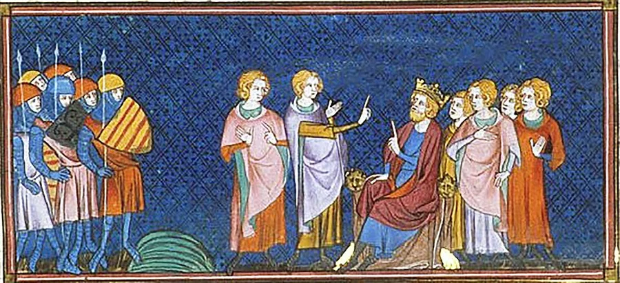 A wide 14th-century manuscript miniature on deep blue ground: a crowned king seated at right gestures toward a group of robed courtiers, while helmeted armed men stand at left.