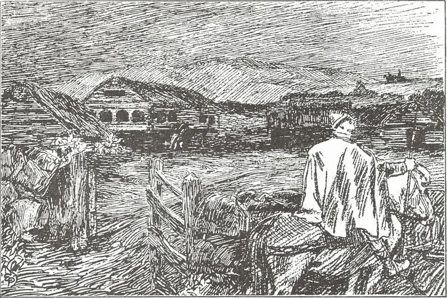 Pen-and-ink saga illustration: a cloaked, hooded rider on horseback looks back over rustic wooden fencing toward a cluster of turf-roofed farm buildings and hills in the distance, dusk light and dense hatching giving the scene a shadowed, watchful mood.