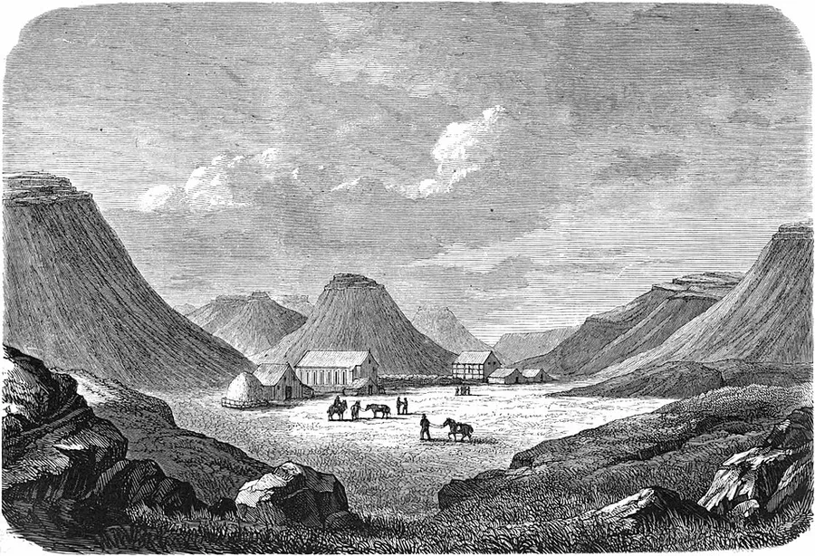1870 engraved print of turf-roofed farm and church buildings clustered on a valley floor at Hólar, surrounded by steep conical hillsides, with horses and small figures in the foreground.