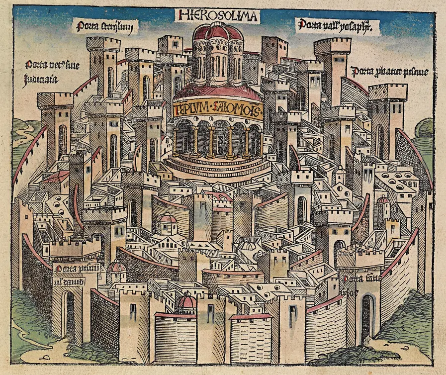 Hand-colored 1493 woodcut of Jerusalem from the Nuremberg Chronicle: a ring of walls, towers and labelled gates crowded with buildings, the domed Temple of Solomon at its center, under the banner HIEROSOLIMA.