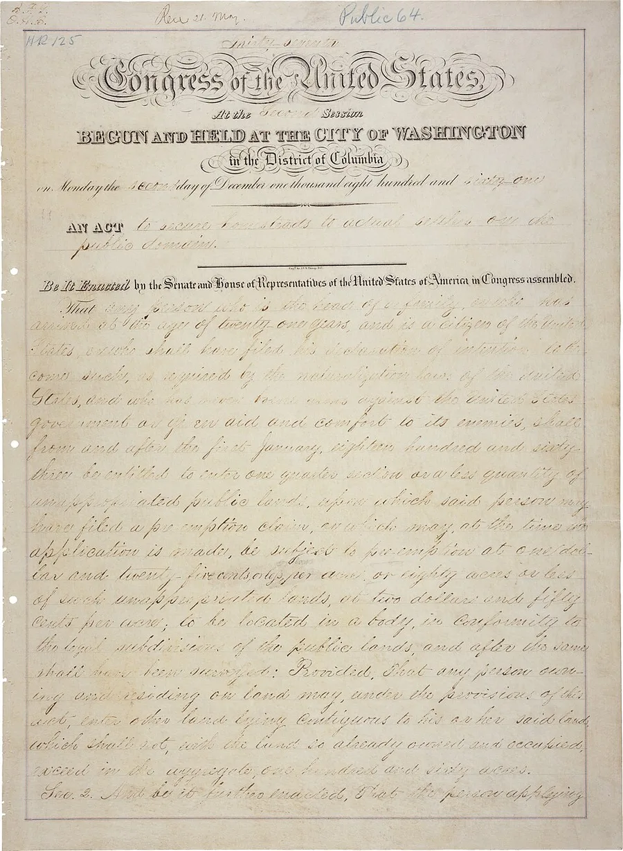 First page of the engrossed 1862 Homestead Act, headed 'AN ACT to secure Homesteads to actual Settlers on the Public Domain,' in formal cursive legislative script on aged, ruled paper.