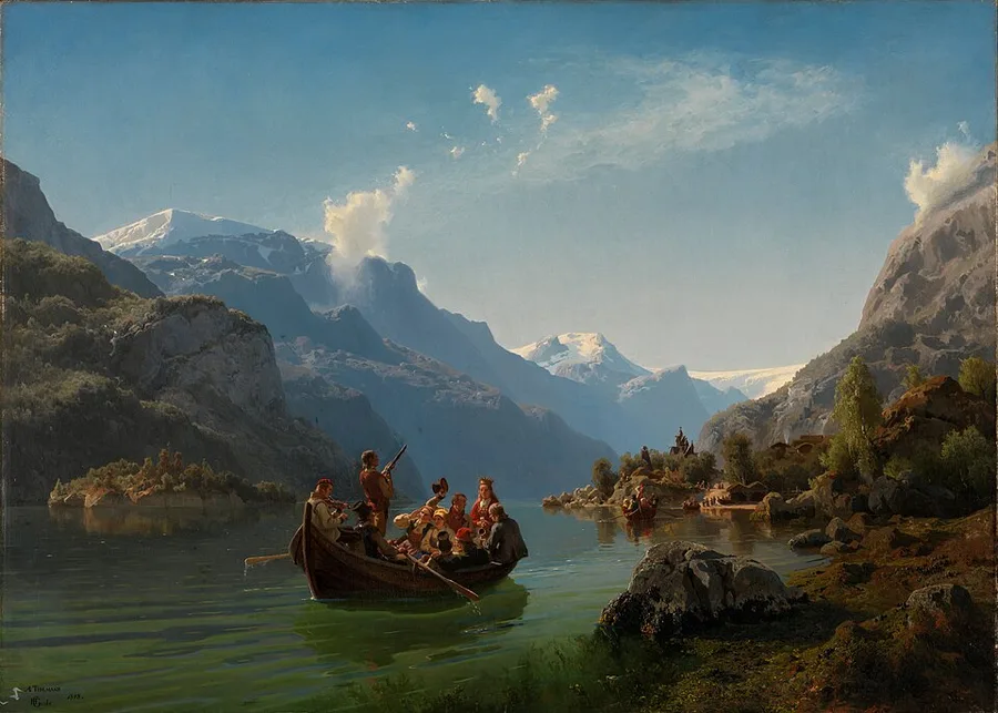 Tidemand and Gude's 1848 Brudeferd i Hardanger — the bridal party rowed across the glassy Hardangerfjord in festive dress, snow peaks and a stave-church shore behind: the iconic image of the Hordaland fjord country.