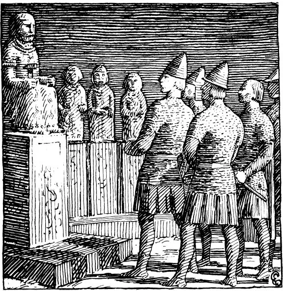 1899 saga-book engraving of a timber hov interior: a large bearded idol bust sits on a wood pedestal beside three smaller carved figures, while three men in pointed helmets stand with backs to the viewer, one gripping an axe, facing the idols.