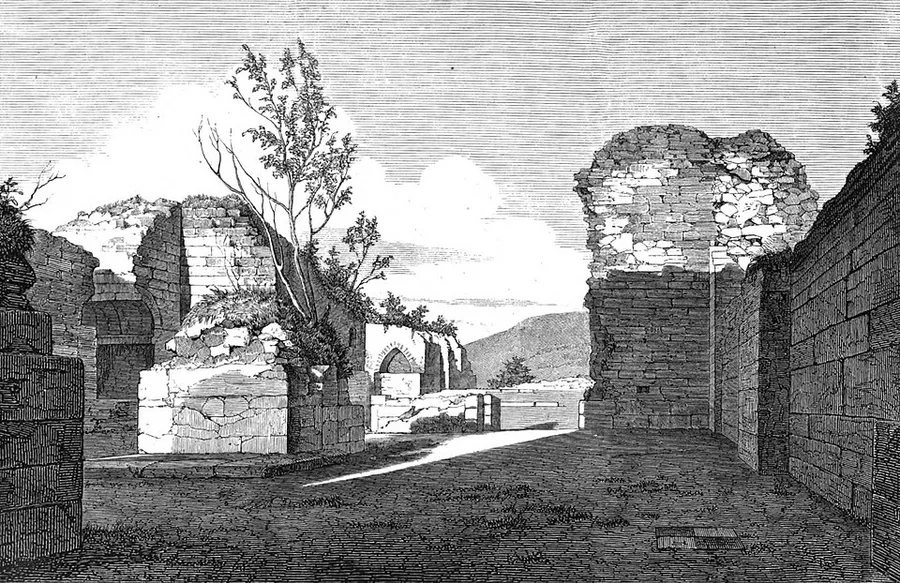 1870 engraving of the roofless stone ruins of Hovedøya Abbey, broken archways and walls with a tree growing among them, hills visible in the distance.