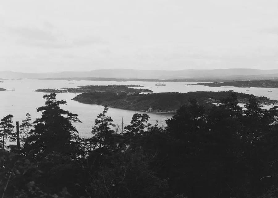 Early-1900s photograph looking down from the wooded Ekeberg slope over Hovedøya, the forested island lying in the inner Oslofjord with buildings along its far shore, the masts of a sailing ship rising behind the trees and the fjord stretching away beyond.