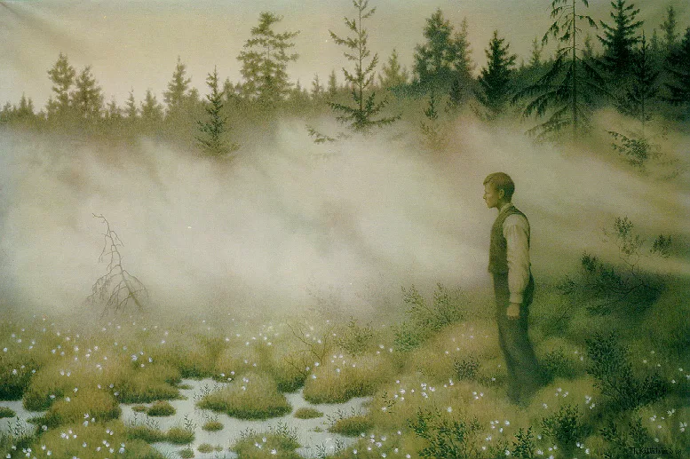 A young man stands at the edge of a flowering bog, staring into the wall of mist where the huldra has just vanished.