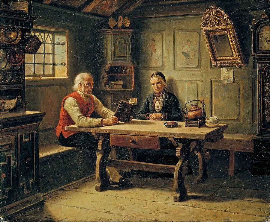 Tidemand’s 1849 interior ‘Old Age Solitude’: an elderly man in a red vest reads aloud from a large book at a wooden table while an elderly woman in a white cap sits beside him; a copper kettle, carved cupboard, wall clock and framed pictures furnish the low-beamed room.