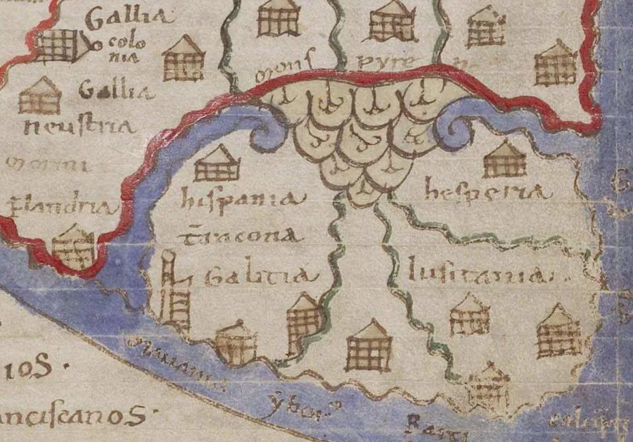 Colorful schematic medieval map detail showing the Iberian peninsula as a rounded landmass with labeled regions — Gallia, Hispania, Galicia, Lusitania — ringed by mountains and blue water.