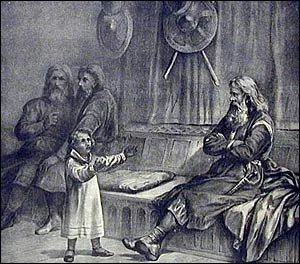 Old engraving: a small child stands gesturing before a bearded, seated man on a bench, two other bearded men standing behind holding shields hung on the wall.