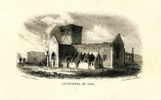 Nineteenth-century lithograph vignette captioned 'Cathedral of Iona': the ruined abbey church with its squat square tower, pointed nave arches and gravestones in the grassy foreground, a flock of birds passing overhead and two small figures by ruined walls at left.