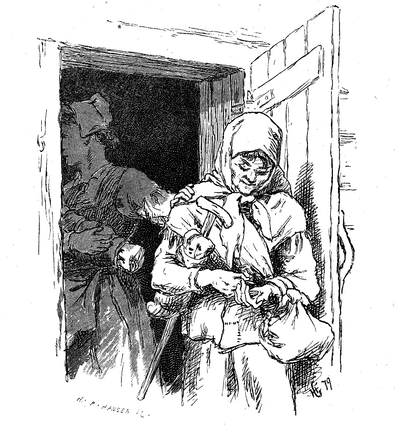 The signekjerring — the wise-woman of Asbjørnsen's tale — in hood and shawl at the farmhouse door, her bundle of remedies under her arm; Hans Gude's illustration from the 1879 edition.