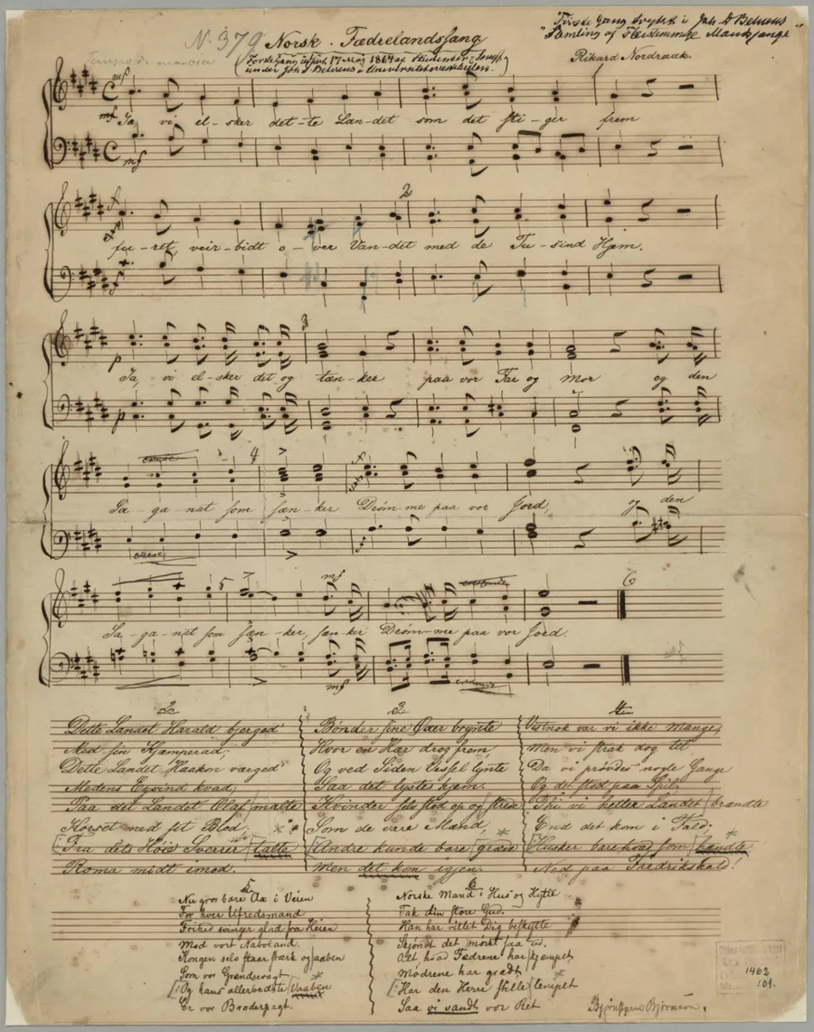 Handwritten music manuscript headed 'No. 379 Norsk Fædrelandssang,' Rikard Nordraak's signature at top right; five staves of melody with Bjørnson's verses written beneath, and further verses in a numbered list below signed 'Bjørnstjerne Bjørnson.'