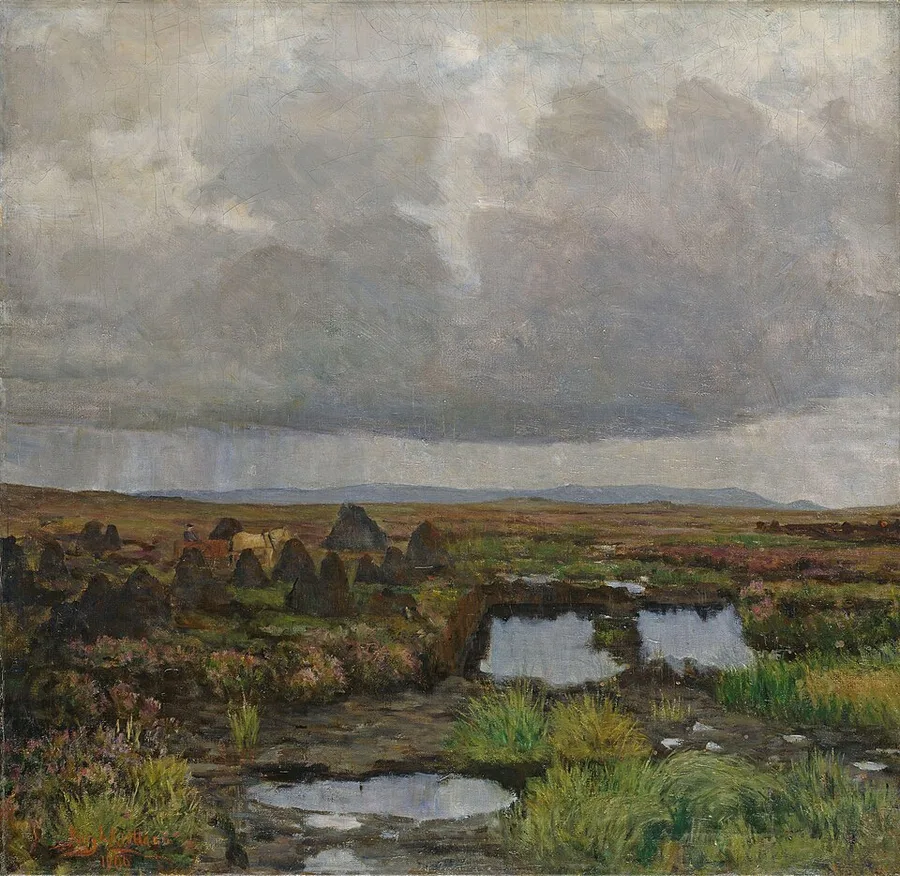 Kitty Kielland's Peat Bog on Jæren (1900) — the flat open lowland south of Stavanger under a heavy rain sky, dark peat stacks and still bog pools stretching to a low horizon.