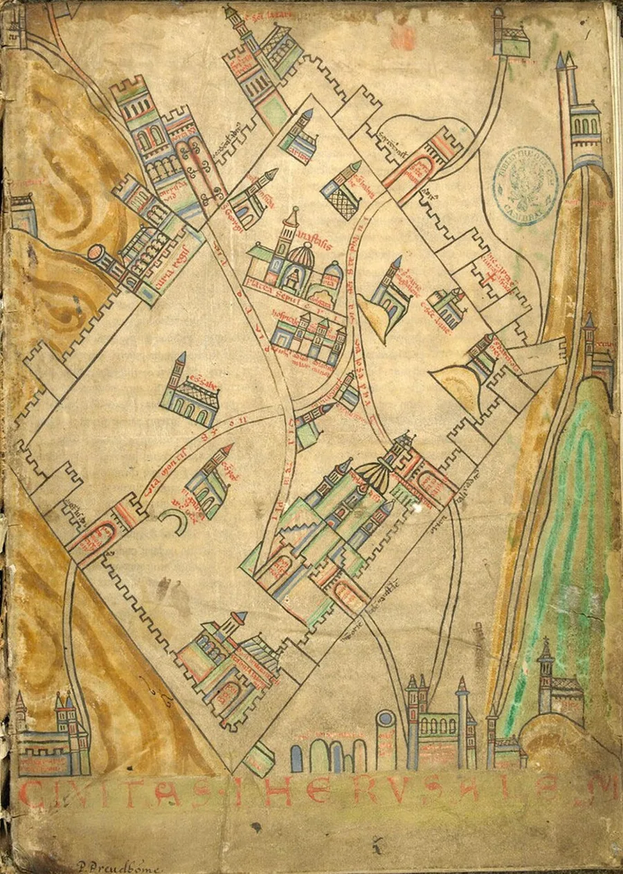 A hand-colored medieval map of Jerusalem: the walled city drawn as a diamond with crenellated ramparts, corner gate towers, and named churches and streets inside; hills and a river painted around the exterior, red lettering CIVITAS IHERUSALEM along the bottom.