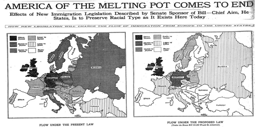 A 1924 New York Times clipping headlined 'America of the Melting Pot Comes to End,' with two side-by-side maps of Europe titled 'Flow Under the Present Law' and 'Flow Under the Proposed Law,' shaded to show immigration quota changes by country.