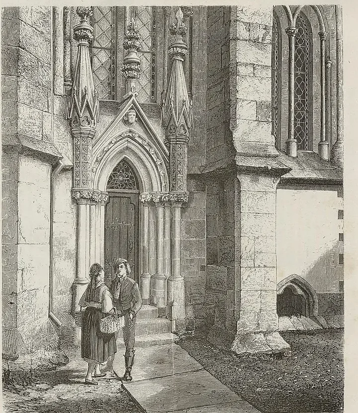 An 1870 wood-engraved plate of the pinnacled Gothic choir entrance of Stavanger Cathedral: a pointed-arch doorway flanked by carved turrets, a man and a woman in folk dress talking on the steps; aged paper margin with the Swedish caption 'Ingången till koret' below.