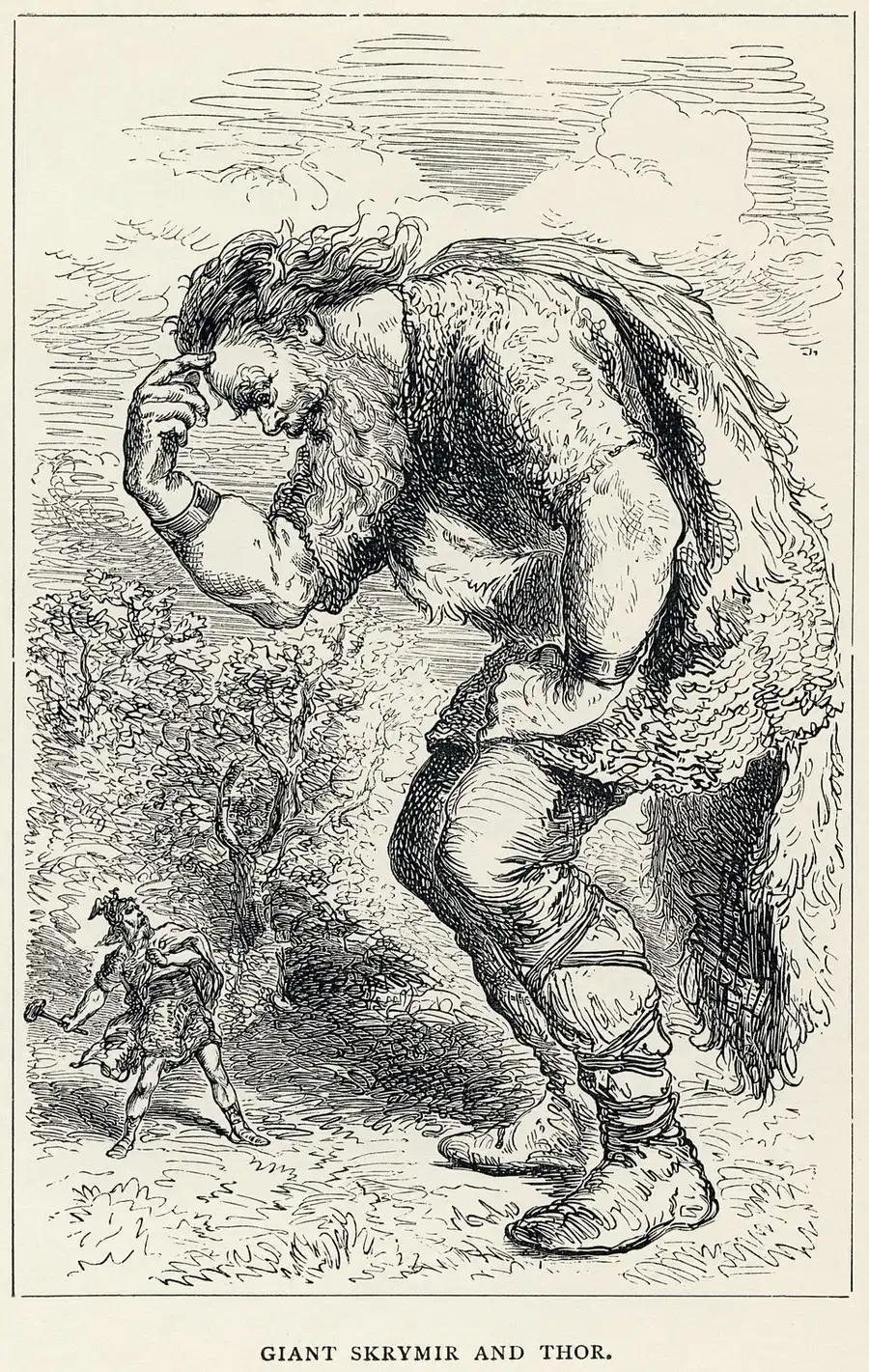 Louis Huard's The Giant Skrymir and Thor — the giant sprawled asleep like a hillside while the tiny figure of Thor stands over him with hammer raised.