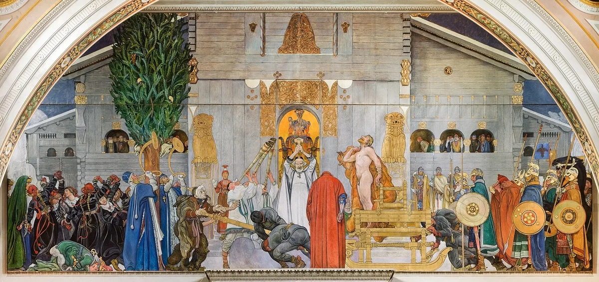 Carl Larsson's monumental Midvinterblot — outside a gold-ornamented timber temple, a white-robed priest raises a hammer while a naked king steps toward a golden sledge-throne; lur-blowers, wailing women, and warriors with round shields fill the winter courtyard.