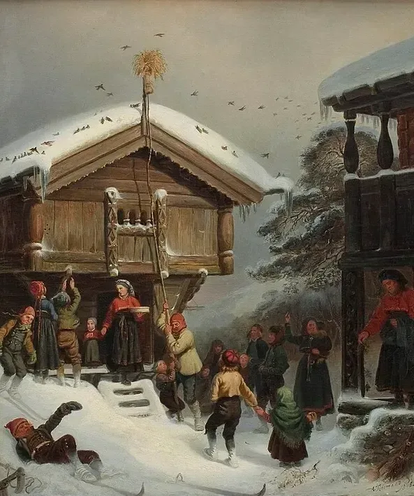 Adolph Tidemand's 1846 Norsk juleskik — a snowy farmyard at Christmas: the julenek sheaf raised on its pole for the birds, children on skis, the household gathered on the storehouse steps.