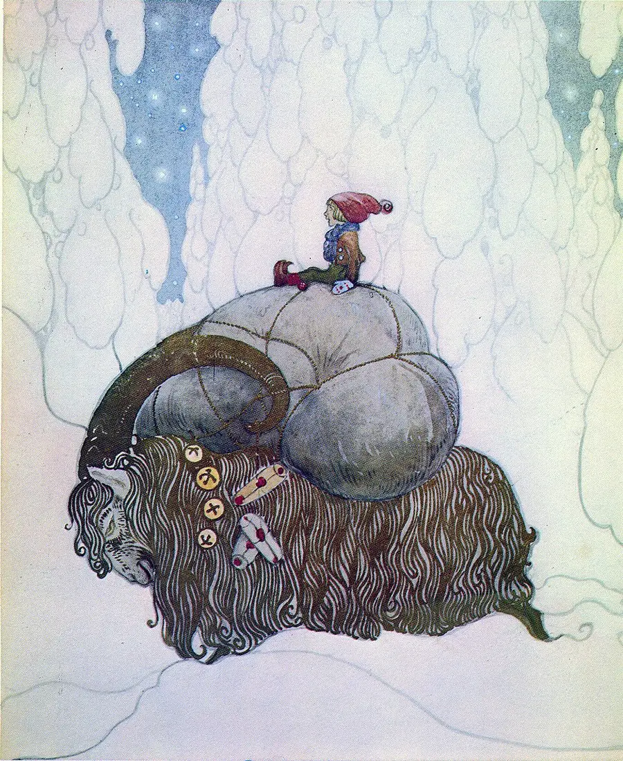 John Bauer's color illustration of a shaggy, dark long-haired Yule goat with large curled horns and a collar of round disc ornaments, carrying bundled sacks on its back, with a small red-capped tomte riding on top, in a pale blue snowy forest.