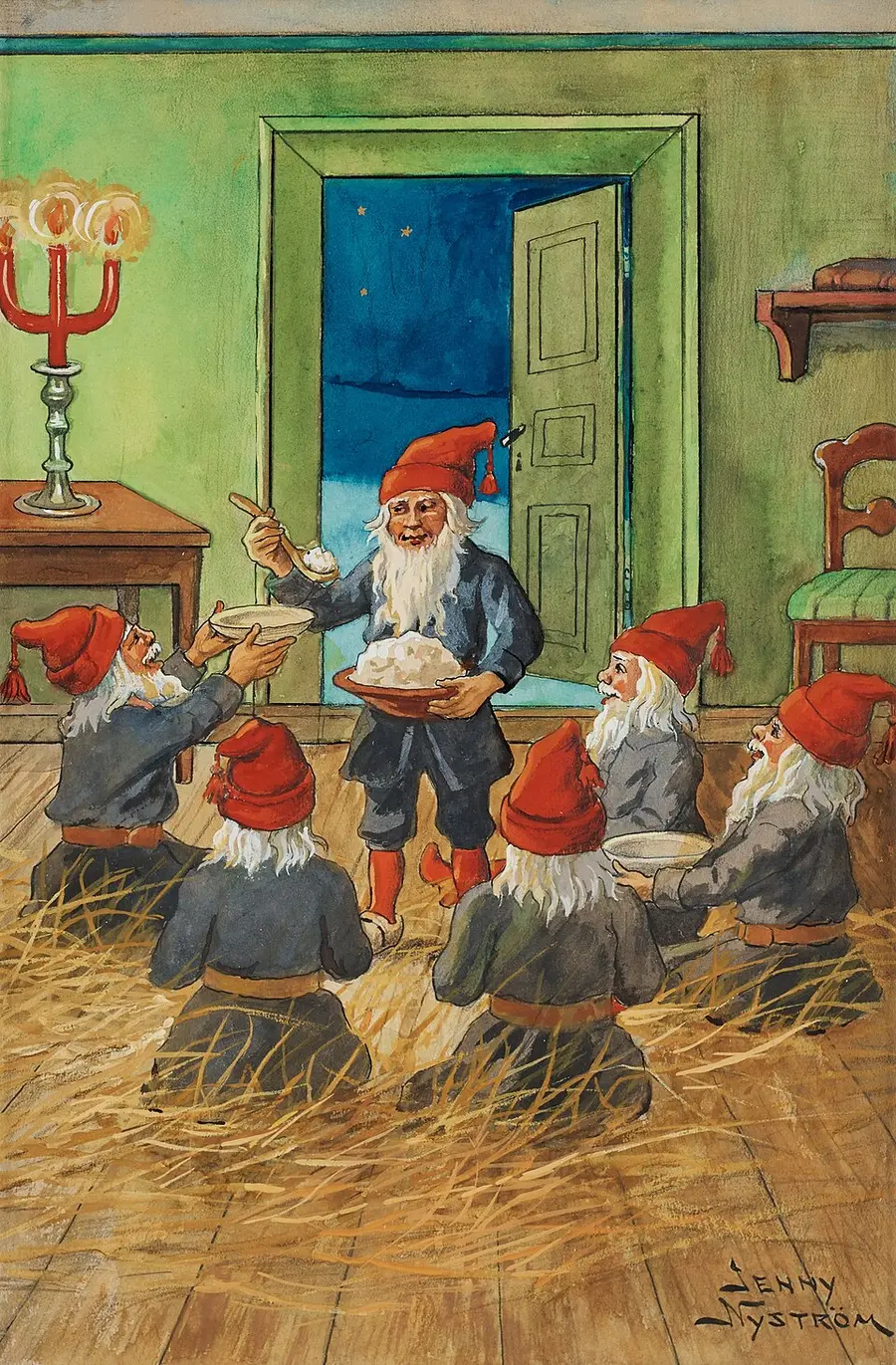 Jenny Nyström's Grötstunden — the tomte ladling cream porridge from his brimming bowl to a circle of eager small tomtar on the straw-strewn floor.