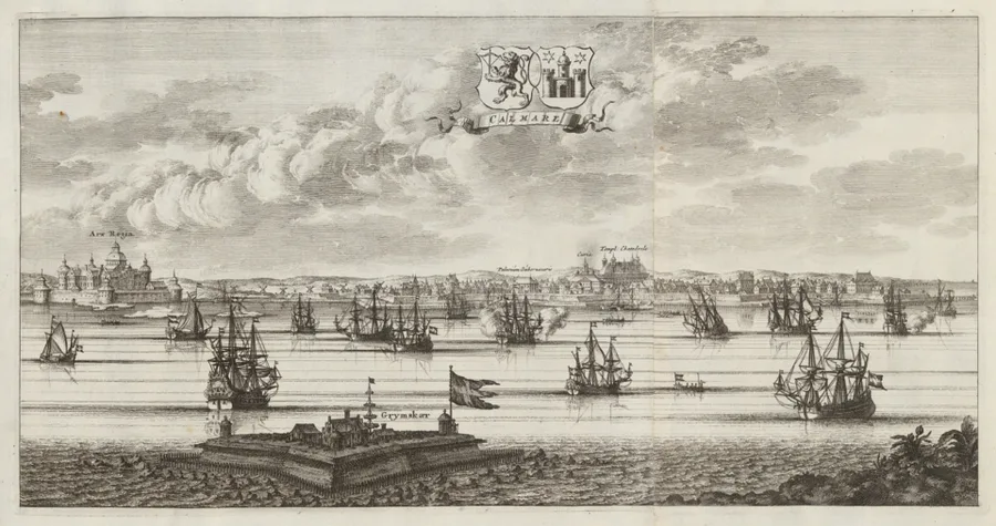 1693 engraving: a low horizon-level view of Kalmar's harbor, with a small fortified island labeled Grymskär in the foreground, sailing ships on the water, the town skyline behind, and a heraldic 'CALMARE' cartouche above.