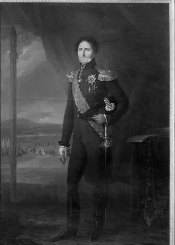 Full-length painted portrait of King Karl XIV Johan standing in dark military dress uniform with epaulettes, sash, and sword, a battlefield scene visible through drapery behind him.