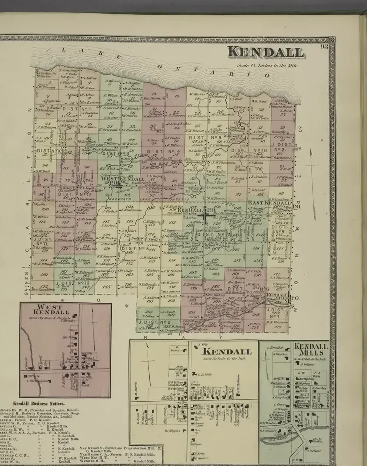 Hand-coloured 1875 Beers atlas page titled 'Kendall': the township grid with numbered lots and landowners' names in pink, green and yellow districts, the Lake Ontario shore across the top, and inset village plans of West Kendall, Kendall and Kendall Mills.