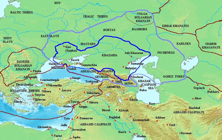 Modern historical map of the Khazar Khaganate's territory (labeled Khazaria) stretching across the Volga, Caucasus, and northern Caspian steppe, its blue-outlined borders shown amid neighboring peoples and states including the Rus, Pechenegs, Volga Bulgars, and Byzantine Empire.