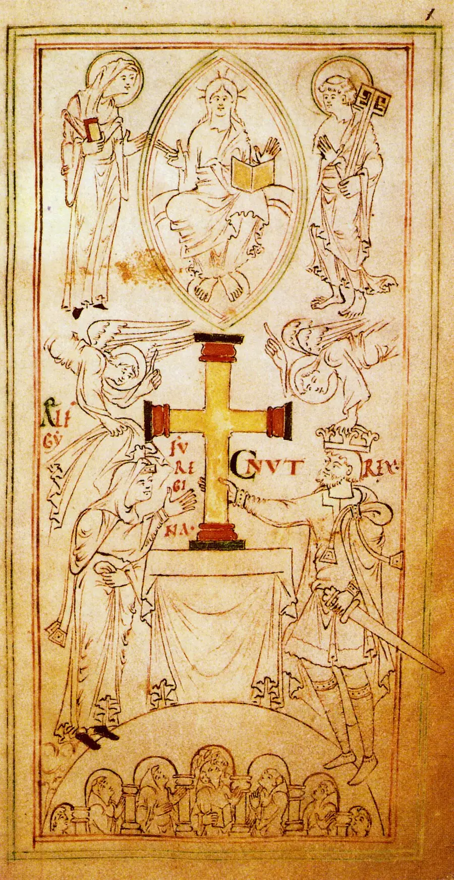 Illuminated manuscript miniature: King Cnut (labeled "CNVT REX") and Queen Ælfgifu (Emma) present a large gold cross at an altar, crowned by two swooping angels, beneath Christ enthroned in a mandorla flanked by two saints, with a row of monks below.