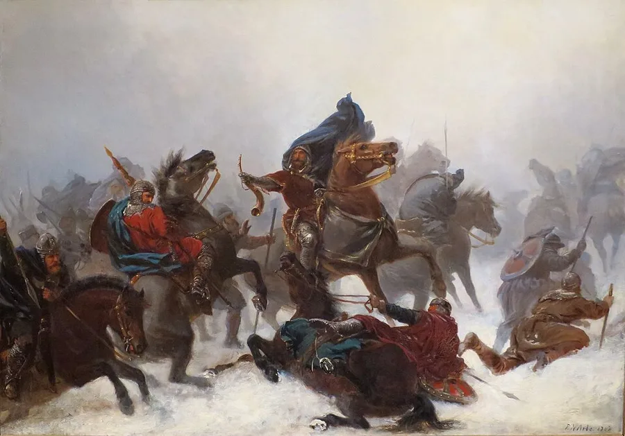 Arbo's 1862 painting: mounted Birkebeiner warriors in mail and fur clash and flee across a misty, snow-covered field, a blue-cloaked rider rearing his horse past fallen fighters.