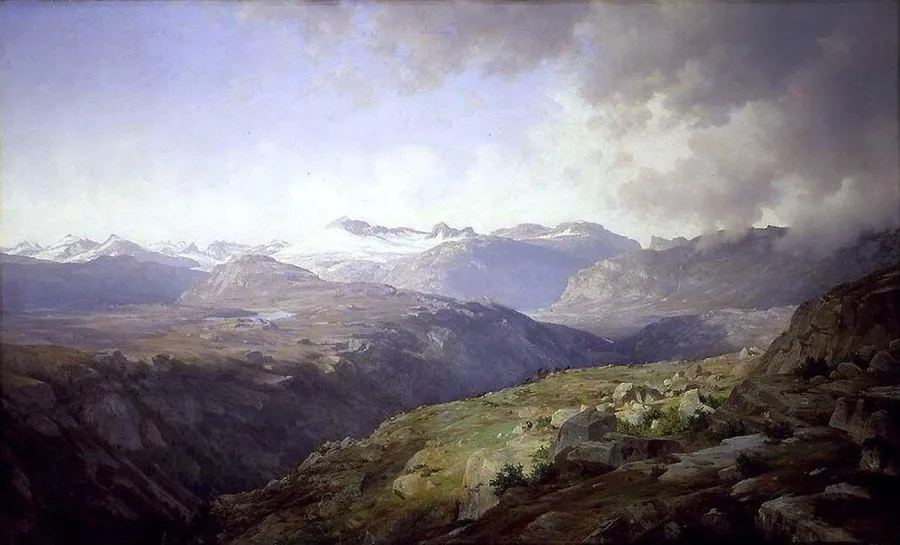 Johan Fredrik Eckersberg's 1866 Fra Jotunheimen — the bare high spine of the Scandinavian Mountains rising over mist-filled valleys, snowfields streaking the summits.
