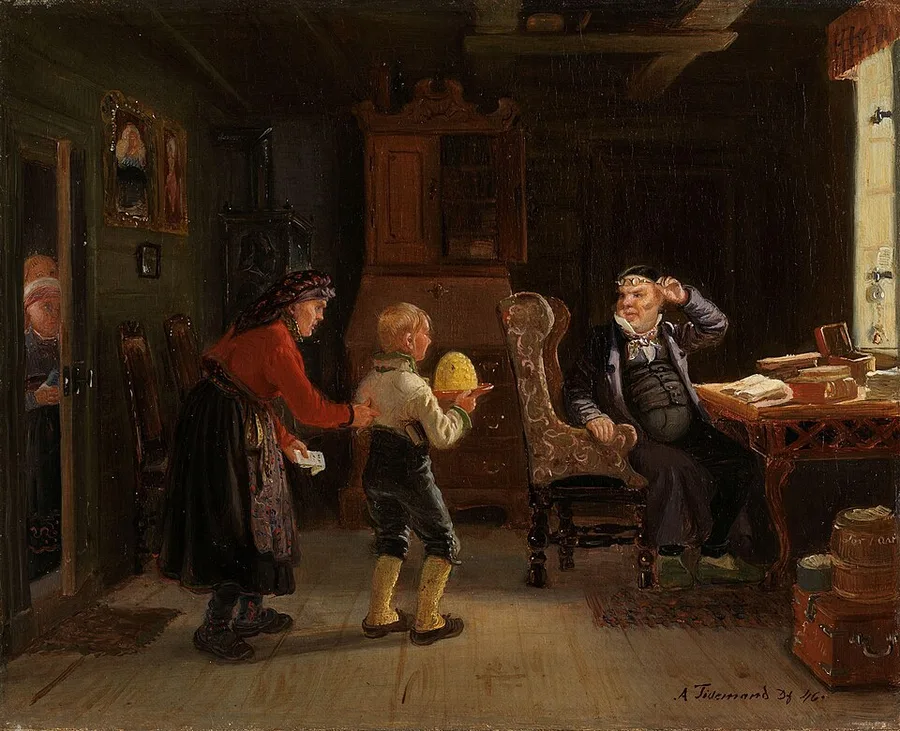 Tidemand's 1846 painting "Anmeldelse til konfirmasjon": a mother in a red jacket presents her son, who holds a plate with a cake, to a seated pastor examining it at his writing desk, another woman watching from the doorway.