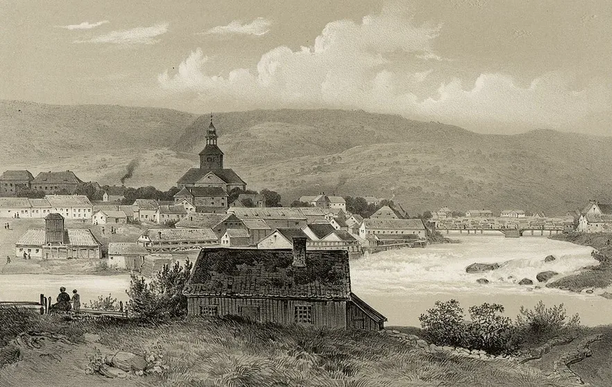 Lithograph after Joachim Frich, 1848: Kongsberg seen across the Lågen — the great church tower rising over the town's wooden houses, the river's falls white beneath the long timber bridge, forested hills behind, and a turf-roofed cottage with two figures in the foreground.
