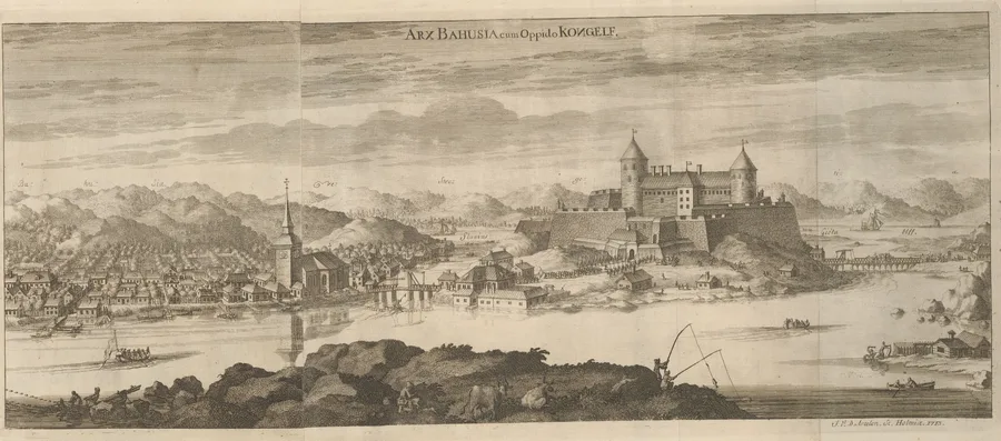 Engraved panoramic prospect titled Arx Bahusia cum Oppido Kongelf: the town of Kongelf with its church spire at left, the twin-towered Bohus fortress on its rocky island at right, and boats and a fisherman on the river in the foreground.