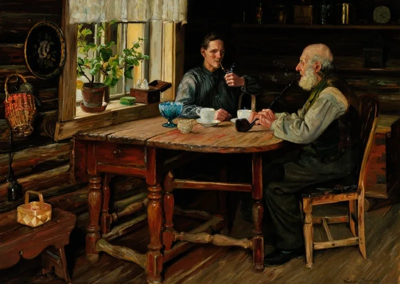 Gustav Wentzel's painting of two men at a worn drop-leaf table in a log-walled room, white coffee cups between them — the younger lighting his pipe, an old white-bearded man drawing on a long pipe — daylight falling through a lace-curtained window with a potted plant.