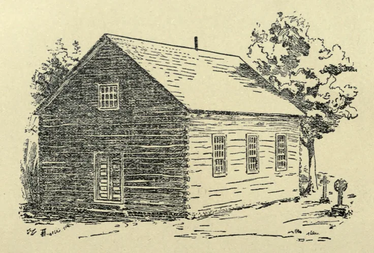 Ink-drawn plate from R.B. Anderson's 1896 immigration history: a plain log church with a gabled roof and small-paned windows, trees behind and two grave markers beside it — the first Norwegian church dedicated in Dane County, Wisconsin.