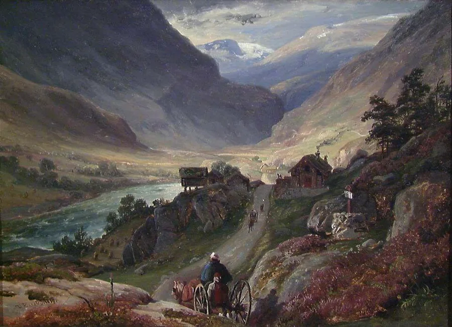 An 1839 oil painting of a steep switchback road cut into a Lærdal hillside above a turquoise river, a horse-drawn two-wheeled cart descending past turf-roofed farm buildings and pale rock outcrops, snow-streaked peaks in the distance.