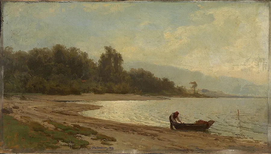 Otto Sinding's 1877 painting from the shore of Lake Mjøsa — a man drawing his rowboat onto the sand at the water's edge, the lake calm under a soft evening sky.