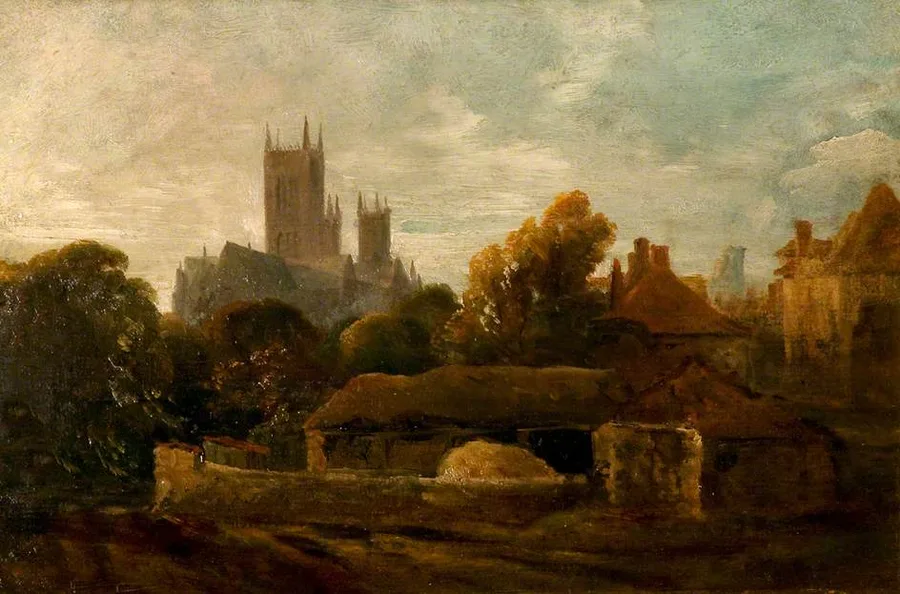 Oil painting by Peter De Wint: the three Gothic towers of Lincoln Cathedral rise pale over trees and red-roofed houses, with a farm wall, thatched barn and haystack in the shadowed foreground.