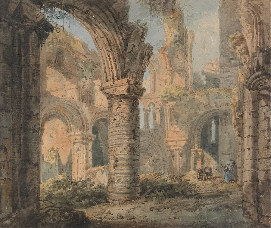 Watercolour inside the roofless ruin of Lindisfarne priory church: a massive round pier carved with chevron and lozenge patterns holds broken arches open to the sky, ruined pink-grey stone walls all around, and two small figures with a packhorse by an arch at right.